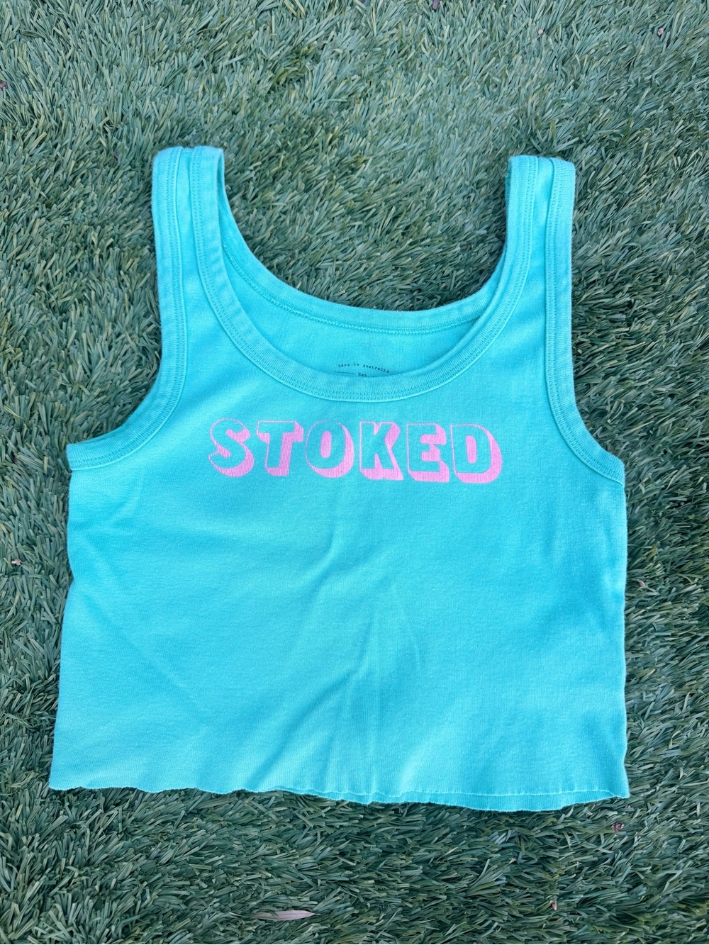 Billabong Turquoise Crop Tank with Pink STOKED Graphic